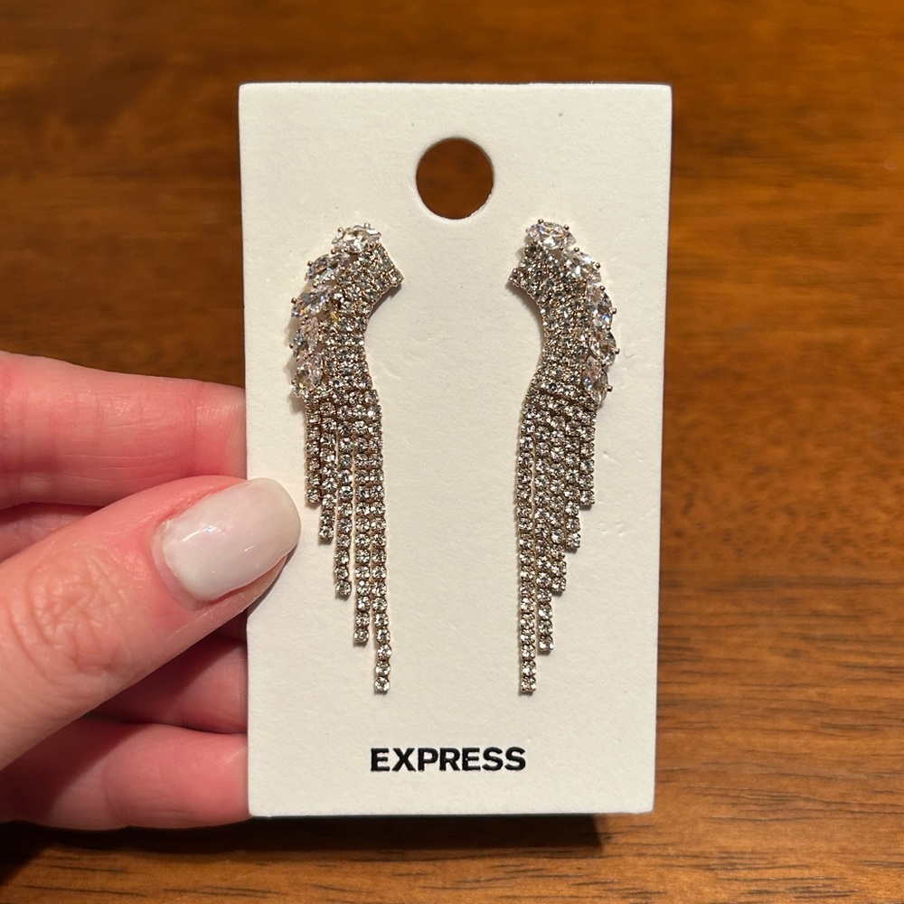 NWT Express Silver Toned Rhinestone Waterfall Wings Drop Earrings